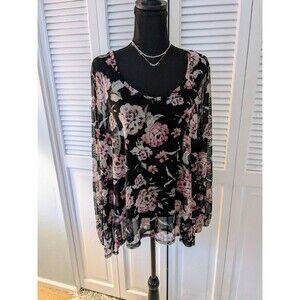 Say Anything Top Women's 1X Boho High Low Long Sleeves Multi Floral Mesh Sheer